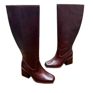 Vince Camuto Sangeti Boots Women 7.5W Mahogany Leather Extra Wide Calf Square